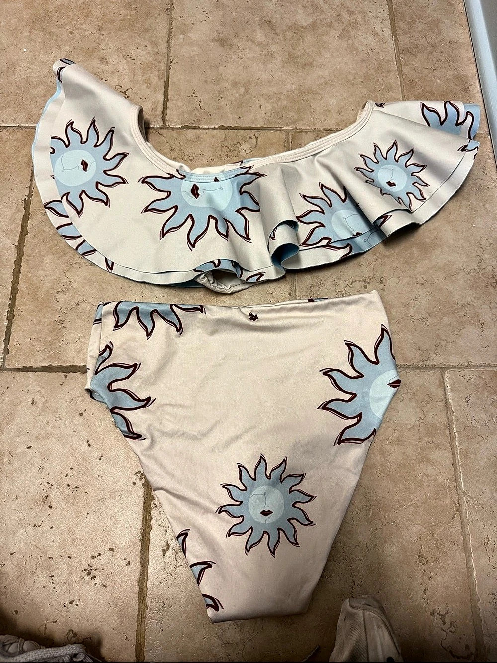 ANCORA Ruffled Abstract Bikini in White & Blue Size Small